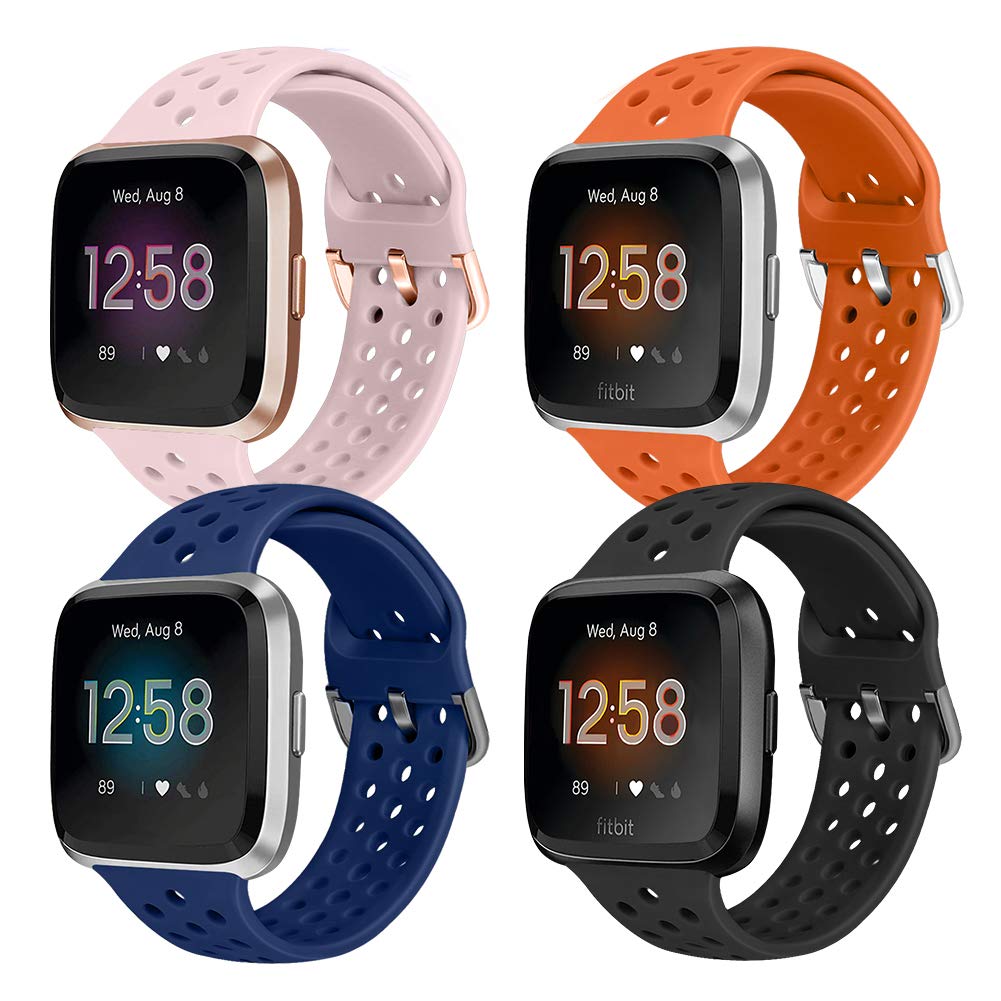 Runostrich Sport Strap Compatible with Fitbit Versa/Versa 2/Versa Lite/SE, Soft Silicone Band Replacement Breathable Wristband for Smart Watch for Women Men (Black+Dark Blue+Pink Sand+Orange)