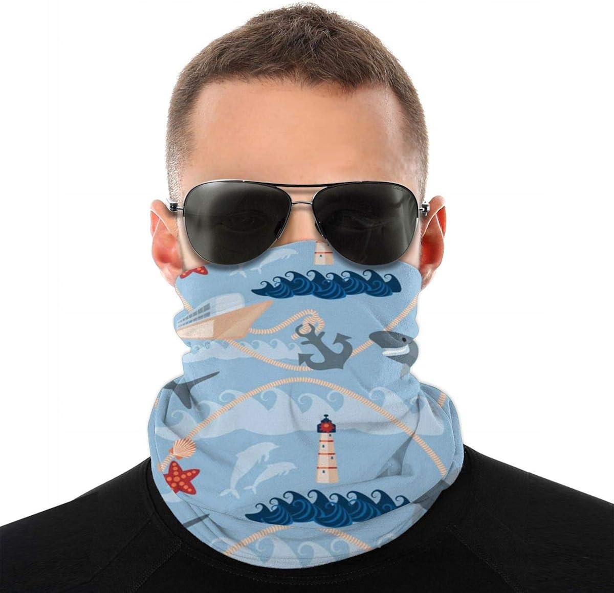 Unisex Seamless Neck Gaiter Tube, Ocean Shark Ship Lighthouse Headband Multifunctional Bandanas Half Face Mask Cover for Dust Outdoors Sports White