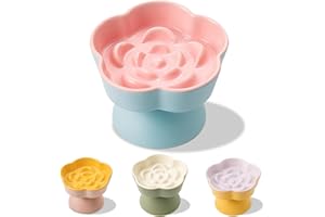 TRUNDISAN Tilted Cat Bowl, Flower-Shaped Ceramic Slow Feeder Cat Bowl, Raised Pet Bowl for Whisker Relief, Prevents Vomiting & Bloating, Non-Slip Base, Easy to Clean for Dry/Wet Food (Pink & Blue)
