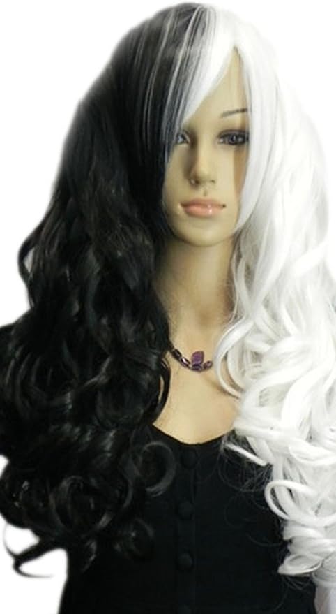 Long Curly Wavy Half White Black Mix Cosplay Anime Costume Wig