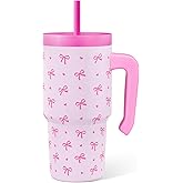 Bow Tumbler 20oz with Handle and Silicone Straw Lid for Kid, Insulated Stainless Steel Cup, Gift for Kids Girls, Gifts Idea for Birthday Christmas Back to School