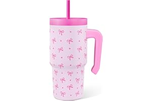 SANDJEST Bow Tumbler 20oz with Handle and Silicone Straw Lid for Kid, Insulated Stainless Steel Cup, Gift for Kids Girls, Gif