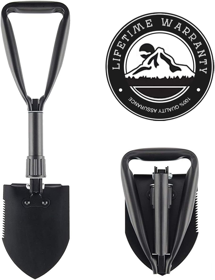 EEPIRR Tri-Fold Camping Shovel, Foldable Pickax Military Entrenching E Tool with Nylon Carry Case as Shovel, Pickaxe, Saw or Hoe for Digging/Snow/Sand/Gardening/Car Emergency (23" Opening 9.9" Fold)