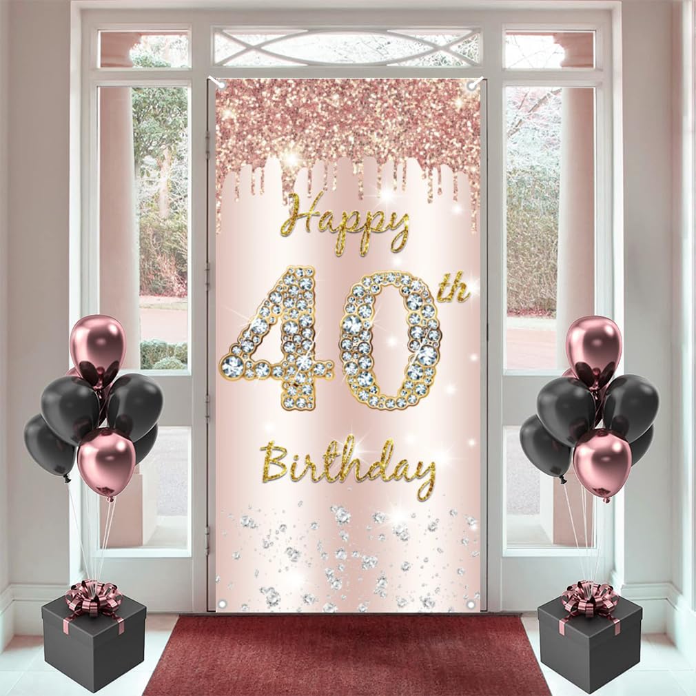 40th Birthday Decorations for Women, Happy 40th Birthday Backdrop Banner Rosegold Fabric Sign Poster, Door Banner Party Welcome Sign
