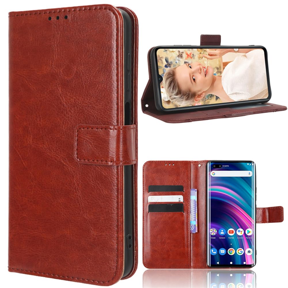 Leather Phone Case Compatible with Xreal Beam Pro, Wallet Magnetic Cover with Credit Card Slots and Flip Stand, Brown