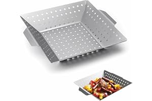 Grill Basket, 12Inch Stainless Steel Heavy Duty Barbecue BBQ Basket, Non-Stick Square Grilling Cookware, Grill Vegetable Bask