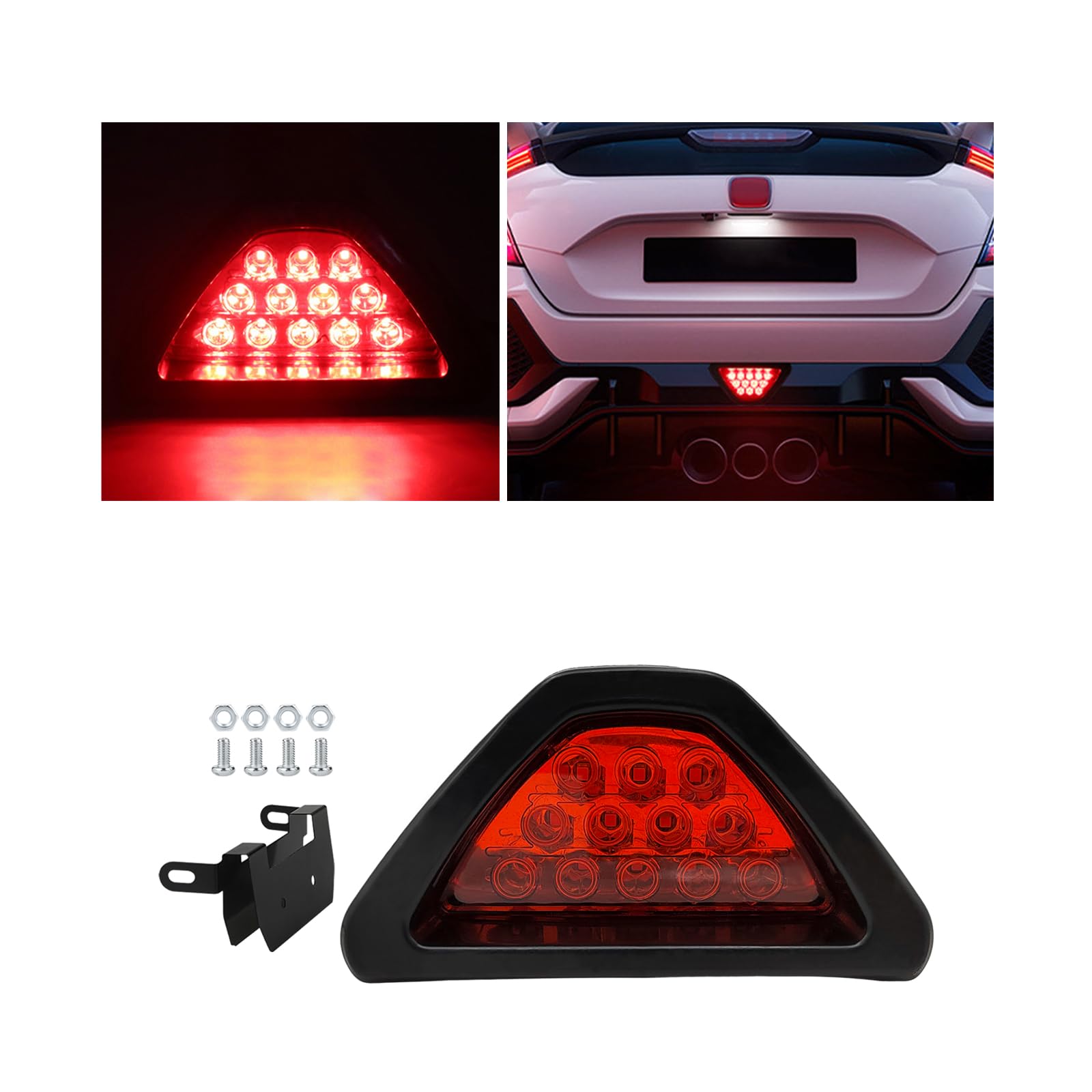 Photo 1 of Suvnie Car F1 Style Brake Light, DRL Fog Rear Tail Third Brake Light, Waterproof Triangle Warning Flash Lamp with 12 LED, Universal Car Accessories for Motorcycles Trucks Safety Stop (Red)
