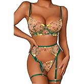 Kaei&Shi Vibrant Floral Embroidery, Underwire, Thong, Thigh Straps, Lingerie Set