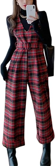 Yyq Shop サロペットパンツ レディース ワイドパンツ 秋冬 オーバーオール ロングパンツ チェック柄 パンツ オールインワン 韓国ファッション チェックパンツ ボトムス オールインワン 通販 Amazon