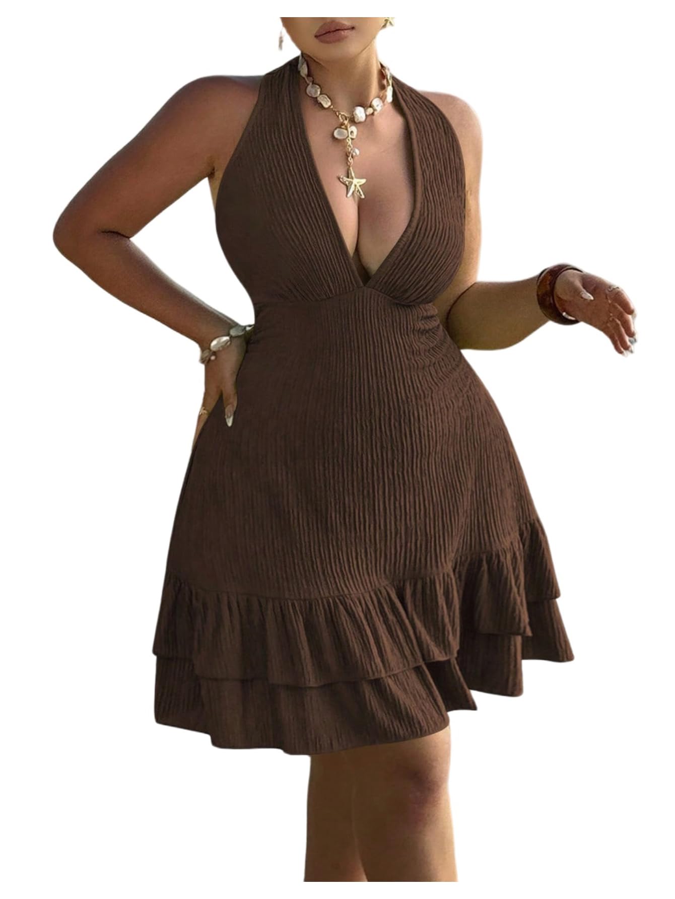 Photo 1 of BEAUDRM Women's Plus Size Textured Halter Dress Deep V Neck Layered Ruffle Tie Backless Sleeveless A Line Mini Dresses Brown 3X-Large Plus