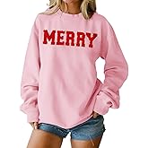 IZYJOY Christmas Women's Merry Graphic Sweatshirt Chenille Patch Letter Printed Crewneck Xmas Gifts Oversized Pullover Top