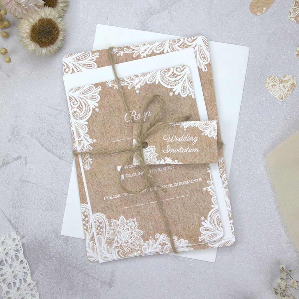 Dotty about Paper Rustic Lace Pattern - Premium Wedding Invitations & RSVP - Pack of 10 & Ivory Envelopes. Great for Friends and Family. Vintage Charm, Woodland, Kraft. (13 0004)