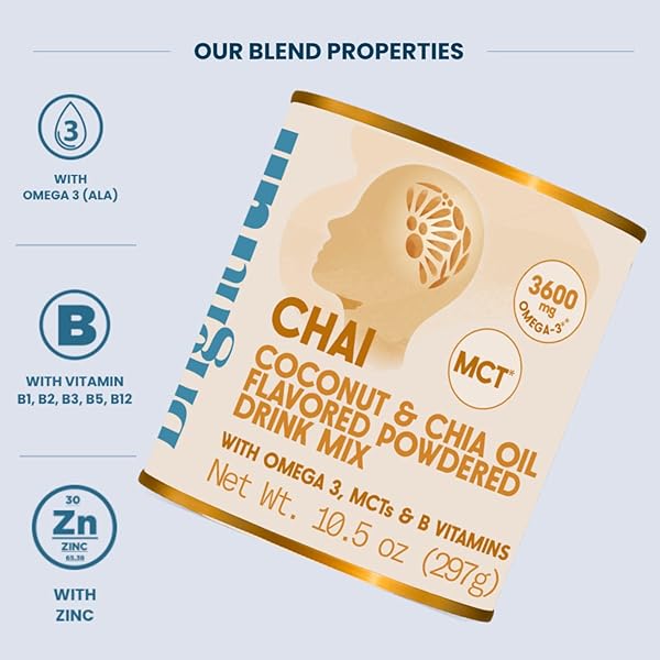 BRIGHTFULL CHAI, COCONUT, & CHIA OIL NUTRIENT BLEND – FLAVORED POWDERED DRINK MIX WITH OMEGA 3, MCTS, AND B VITAMINS (10.5OZ JAR)