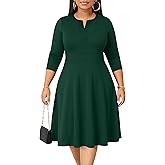 Runwind Plus Size Midi Dress for Women Casual Cocktail Church 3/4 Sleeve V Neck Work A-Line Dresses with Pockets