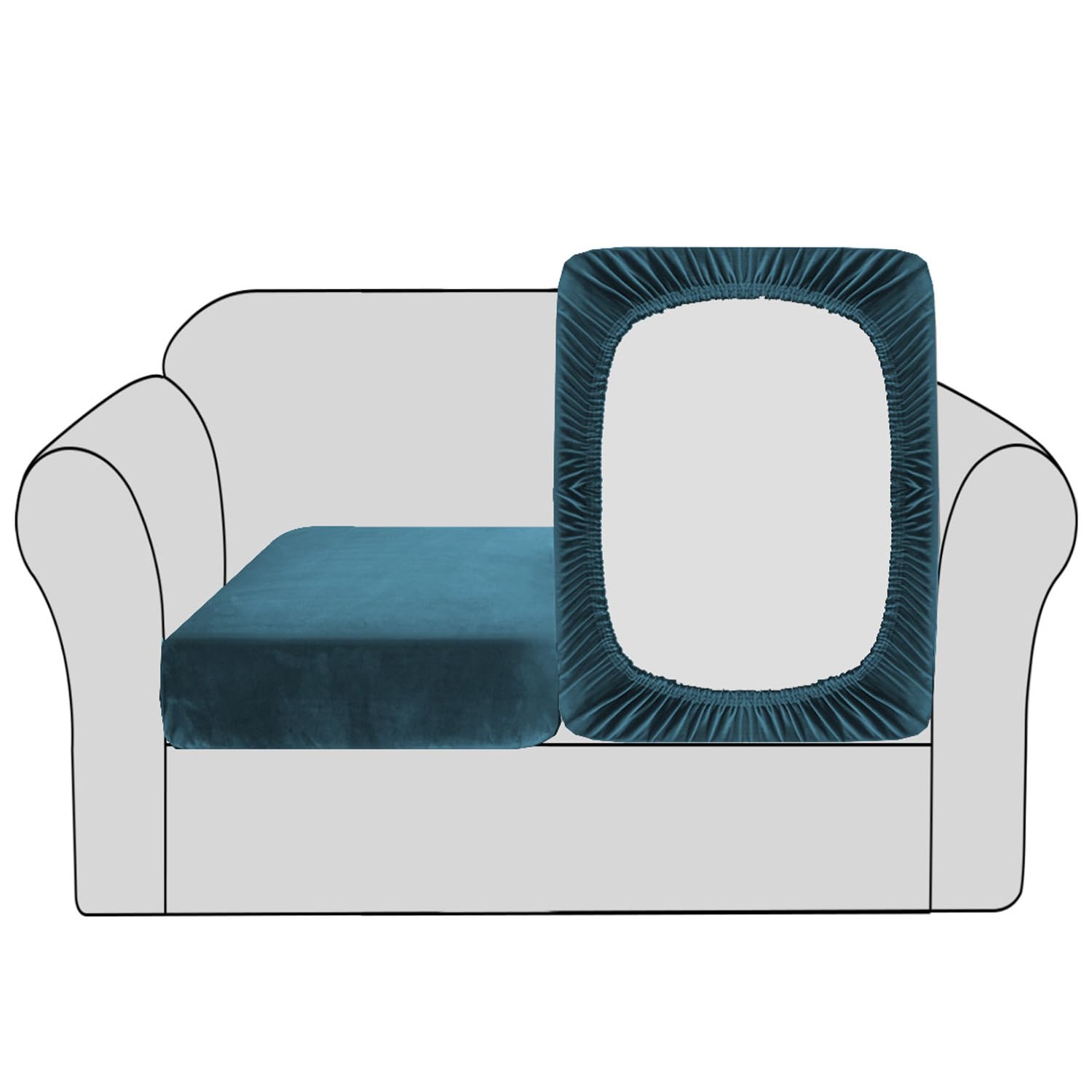 BellaHills Velvet Stretch Sofa Seat Cushion Covers - Modular Cushion Covers Furniture Protector - Elastic Bottom (2 Pieces, Deep Teal)