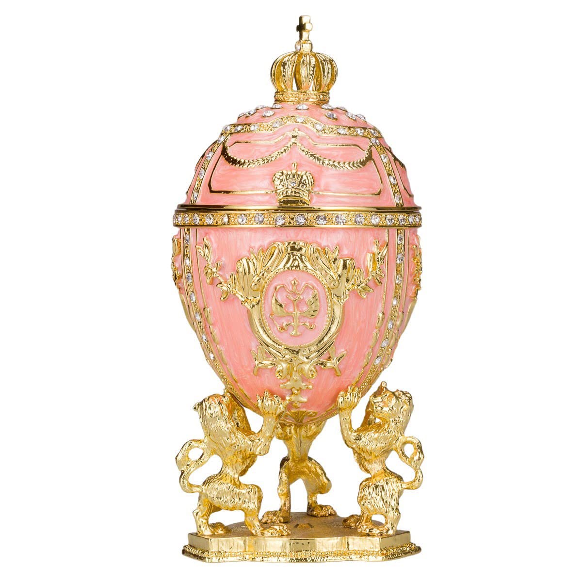 danila-souvenirs Glamorous Style Easter Egg Trinket Jewel Box with Lions and Imperial crown 15,5 cm pink