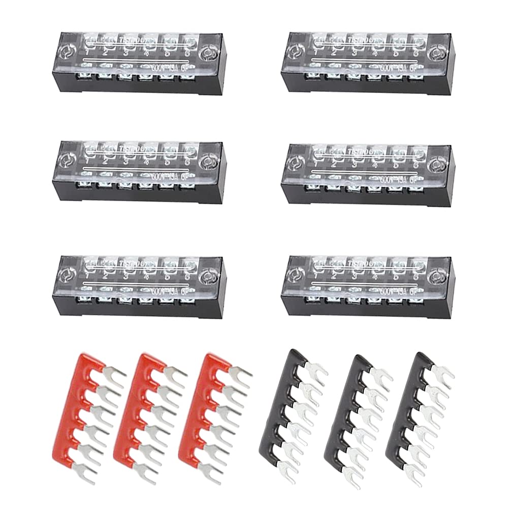 Ruidee 12pcs (6 Set) Terminal Block 6 Positions Dual Rows Covered Screw Terminal Block 600V 15A + 6Pcs 6 Positions Pre-Insulated Fork Terminal Barrier Strip Red/Black 400V 15A TB-U1506