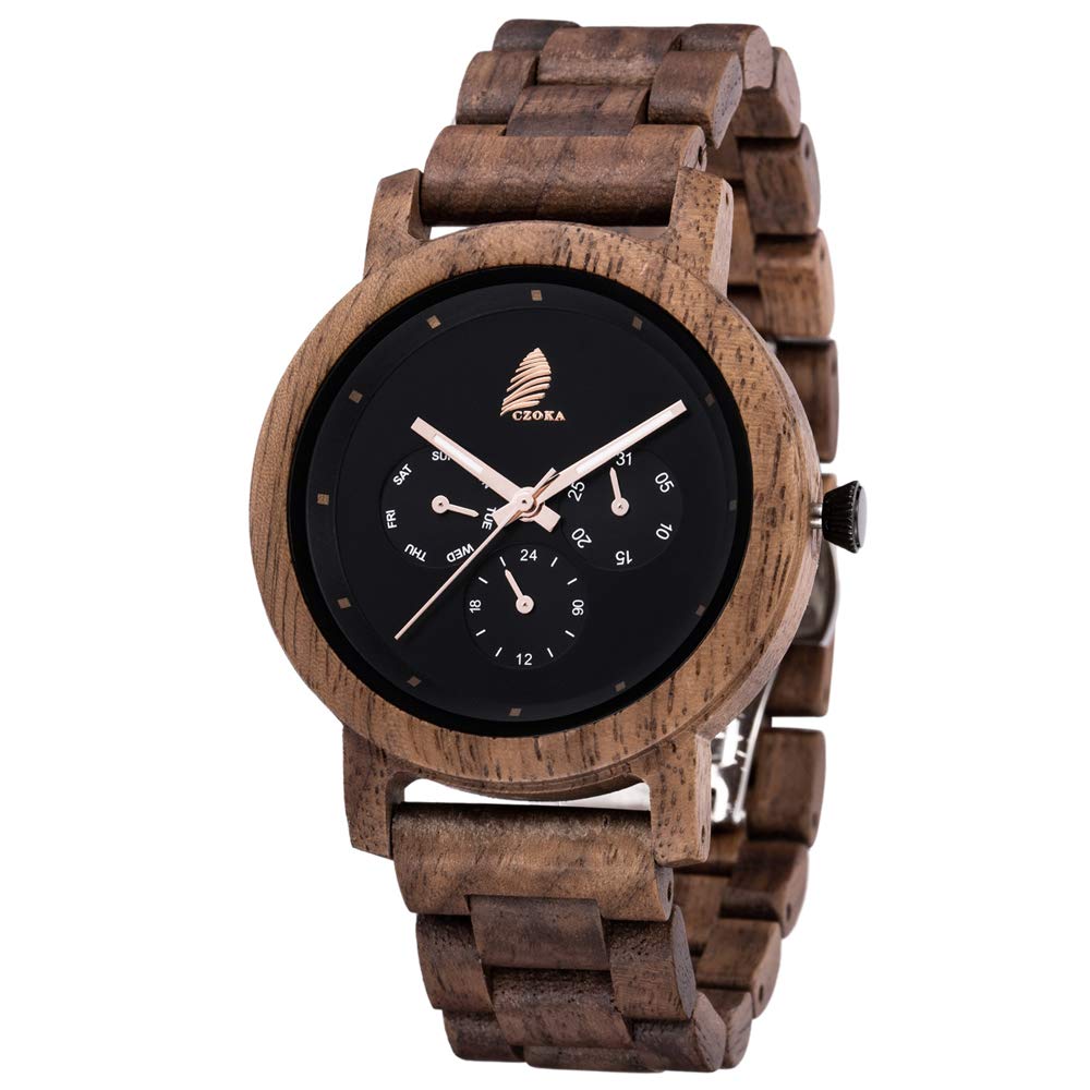 CZOKA Wooden Watches for Men Women, Natural Black Walut/Olive Wood Japan Quartz Chronograph Watch with Adjustable Strap, Three Sub-dial Date Display Military Sports Casual Wristwatches, Lightweight
