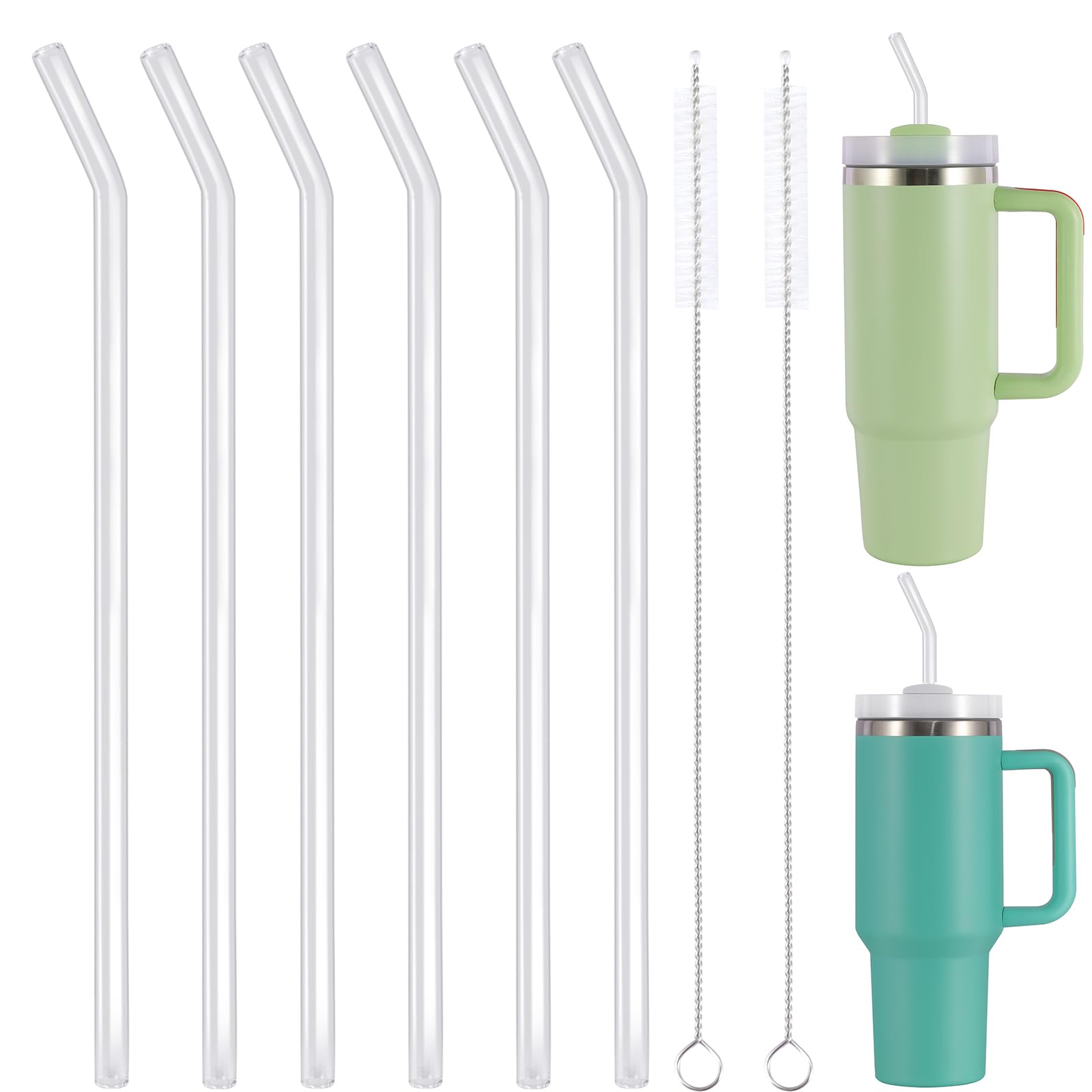 RAFIYU Replacement Glass Straws 31cm Long for Stanley 40oz Adventure Tumbler Water Bottle, 6 Pack Reusable Glass Straws Set with 2Pcs Cleaning Brush, Stanley Cup Accessories (6 Bent)