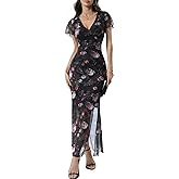 GothDark Women's Summer Floral Mesh Maxi Dress V Neck High Slit Vintage Gothic Boho Beach Elegant Wedding Guest Dresses