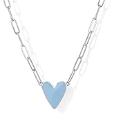 PAVOI 14K Gold Plated Heart Enamel Pendant Necklace for Women | Love Paperclip Chain Necklaces | Blue Pink Purple White Enamel Heart Pendants - Valentines Day Trendy Jewelry