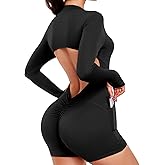 SEASUM Women's Long Sleeve Backless Jumpsuit Side Pocketed Scrunch Butt Sexy Workout Bodysuit Yoga Romper
