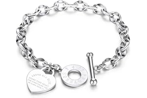 kelistom 316L Stainless Steel Love Heart Charm Bracelet for Women Romantic Gift Silver/Rose/18k Gold Plated OT Clasp Bracelets