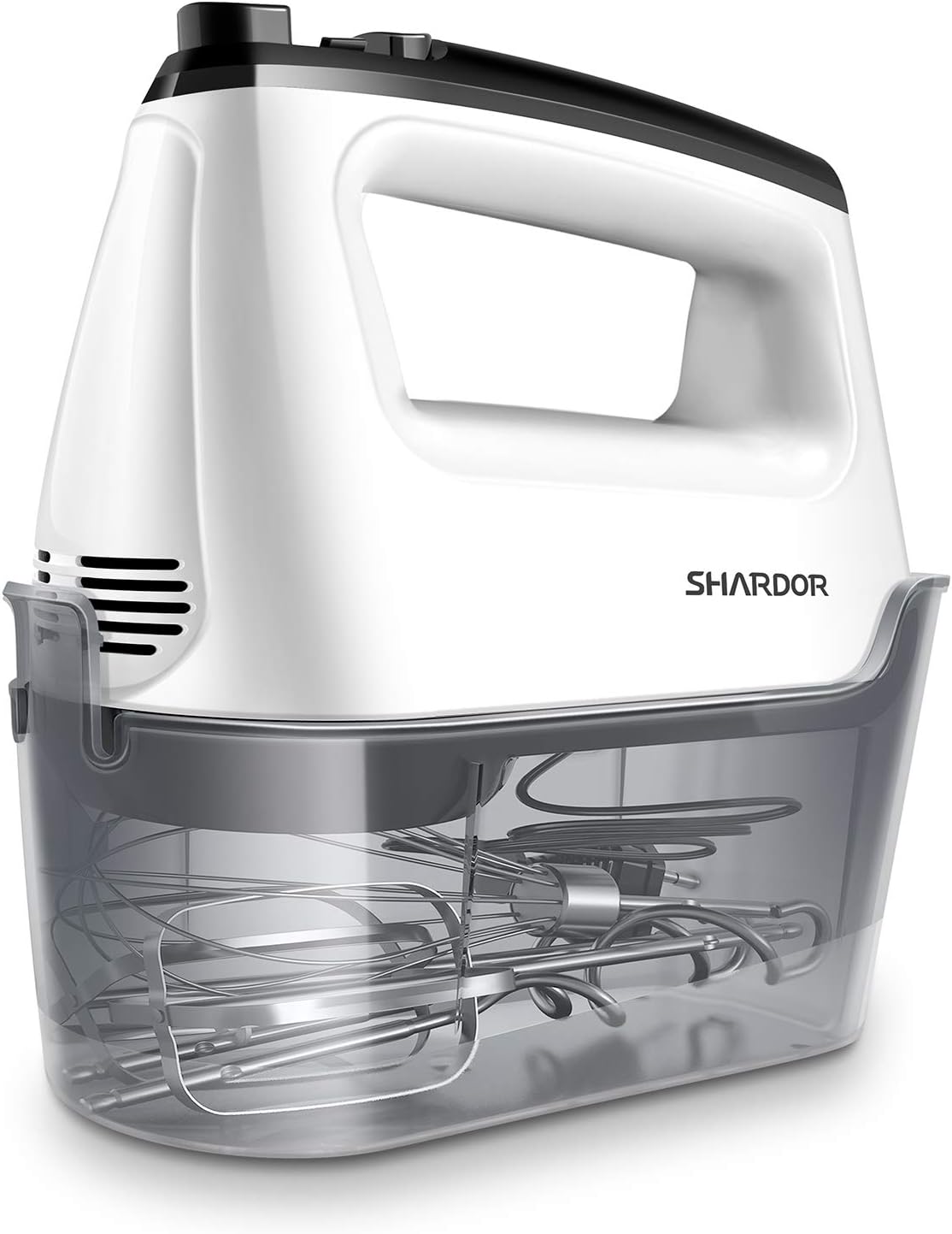 SHARDOR Hand Mixer with Snap-On Storage Case 6-Speed Plus Turbo Hand Mixer Electric With 5 Stainless Steel Attachments(2 Beaters, 2 Dough Hooks and 1 Whisk), White