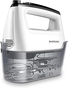 SHARDOR Hand Mixer with Snap-On Storage Case 6-Speed Plus Turbo Hand Mixer Electric With 5 Stainless Steel Attachments(2 Beaters, 2 Dough Hooks and 1 Whisk), White