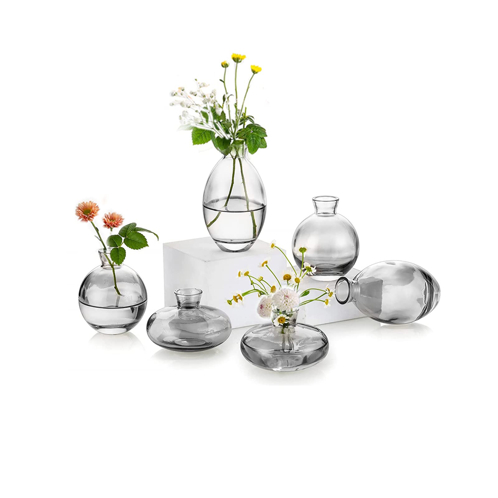 EylKoi Bud Vases Glass Mordern - 2sets(6Pcs) Gray Small Vases for Centerpieces, Small Vase Mini Vases Flower Vase Mini Tiny Vases for Home Decor Wedding Decorative Centerpieces, Events Bookshelf