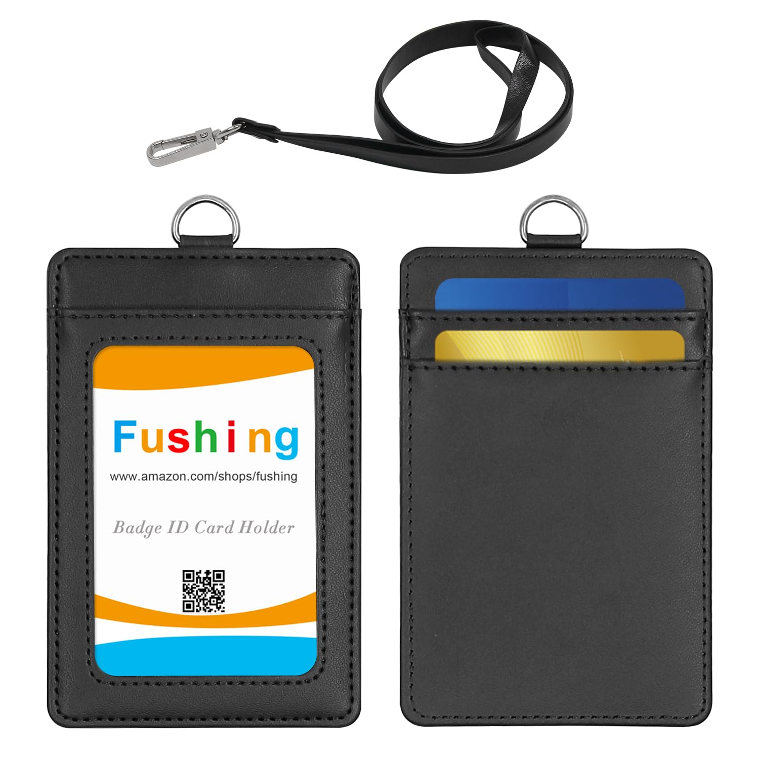 Fushing Vertical Genuine Leather ID Card Name Tag Badge Holder Protector with Neck Strap Lanyard for Business School Event (Black)