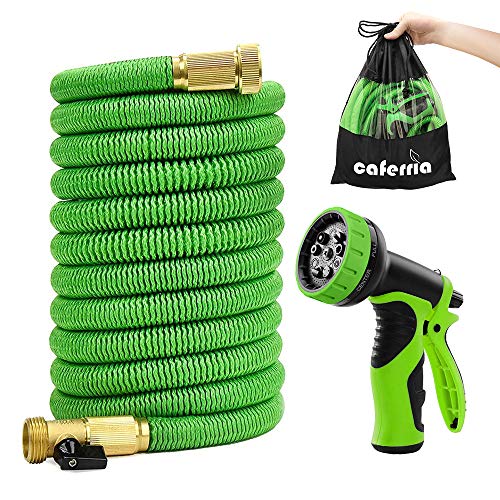 Caferria Garden Hose Expandable Water Hose 50ft Lightweight 3/4" Solid Brass Fittings Extra Strength Fabric Double Latex Core Flexible Hose with 9 Mode Spray Nozzle for Lawn Plants Car Washing (Green)