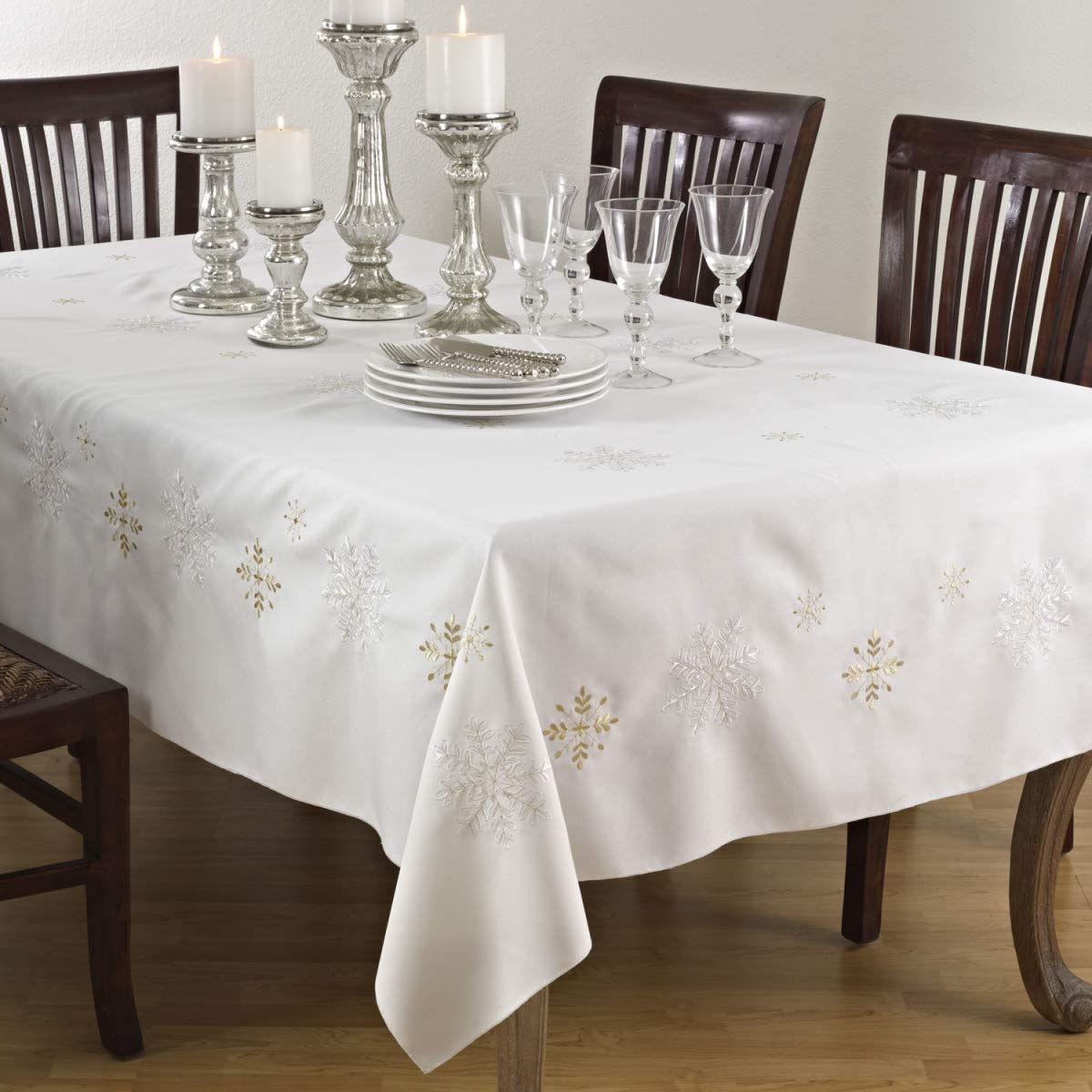 SARO LIFESTYLE Embroidered Snowflake Design Tablecloth, Ivory, 70"x160" โ image 1