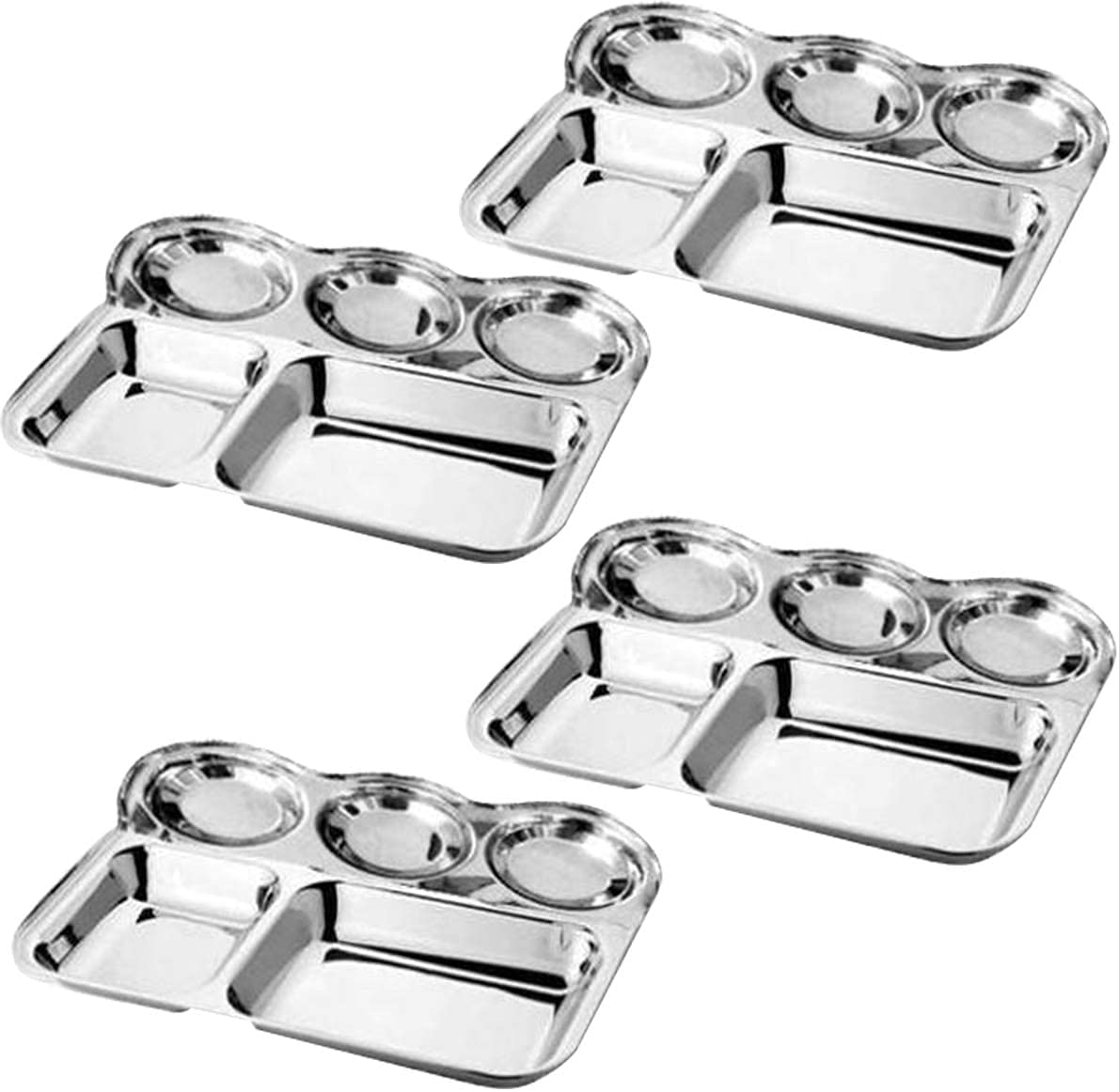 WhopperIndia Set of 4 Stainless Steel Lunch Dinner Plate Bhojan Thali 5 in 1 Rectangle Compartments Kitchen & Dining