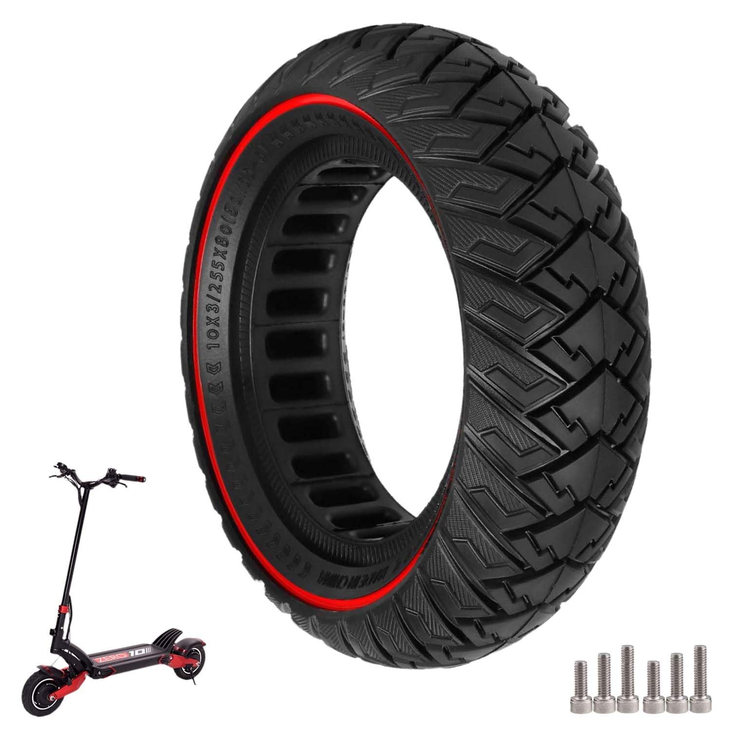 Zero 10X / Kaabo Wolf Warrior X/MANTIS 10 Solid Rubber Tyres - 10 x 3/255 x 80 (80/65-6) Front/Rear Scooter Tyres (Red)