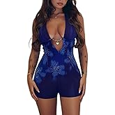 LXUAMR Sexy Jumpsuits for Women Deep V Neck Print Halter Jumpsuit Bodycon Backless Jumpsuits Shorts Going Out Outfits