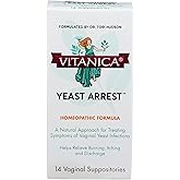 Vitanica Yeast Arrest, Homeopathic Vaginal Suppositories, for Yeast Infection Symptoms, Relieves Burning, Itching & Discharge, with Boric Acid, Tea Tree Oil & Probiotics, Vegan, 14 Count