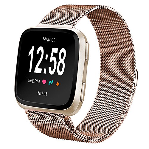 CH-electonic Fitbit Versa Bands for Women Men Small Large, Milanese Loop Stainless Steel Metal Bracelet Strap with Unique Magnet Lock Accessories Wristbands for Fitbit Versa Smart Watch