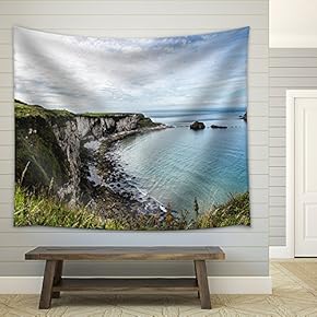 Panoramic Aerial View to Rocky Sea Coastline with Mountains Cliffs - Fabric Wall Tapestry Home Decor - 51x60 inches