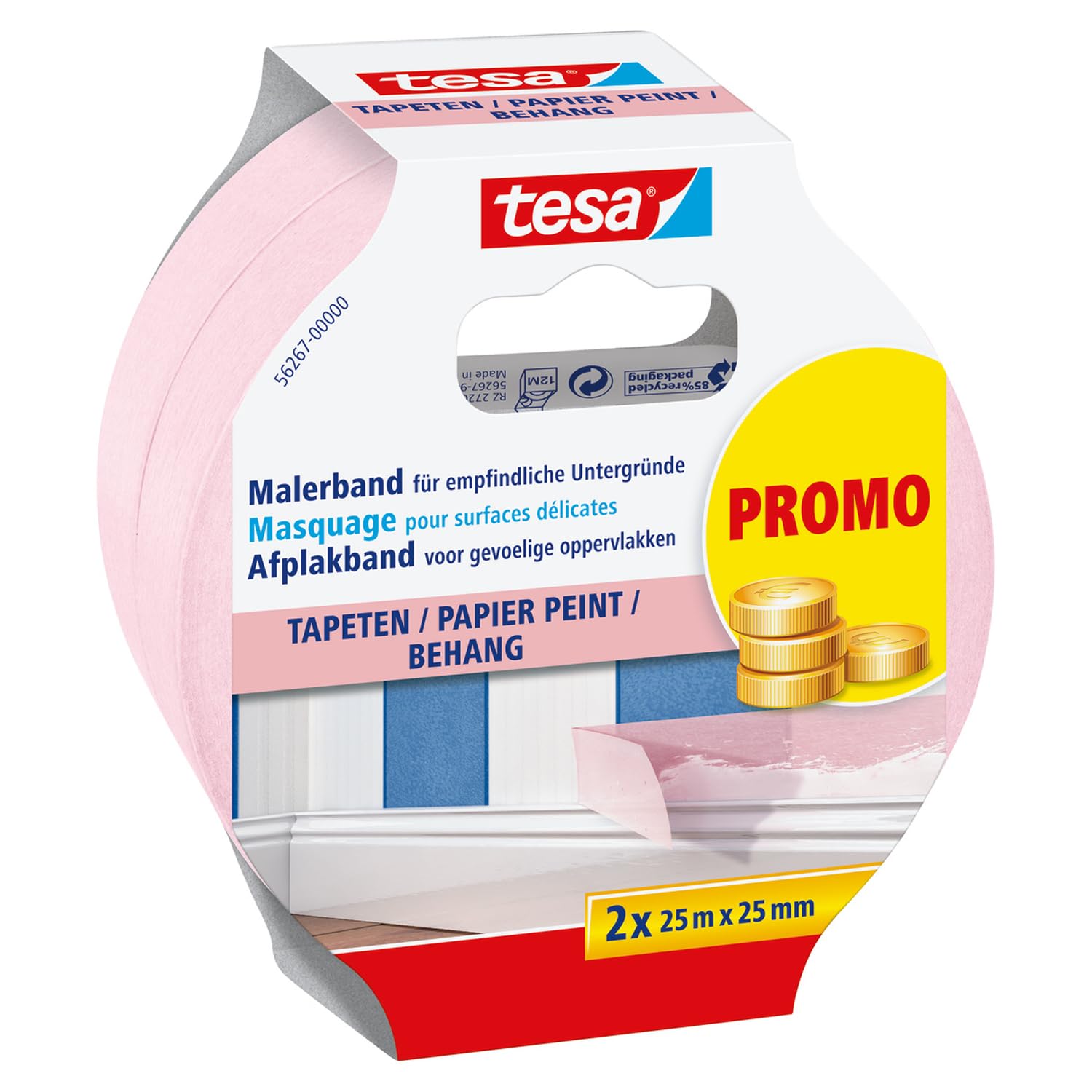 tesa Masking Tape Wallpaper - Thin Painter's Tape for Precise Masking - Suitable for Sensitive Interior Surfaces - 2X 25 m x 25 mm - Pink
