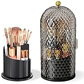 JIANGLAI Makeup Brush Holder with Lid, 360 Rotating Multifunction Clear Dustproof Skincare Cosmetic Tools Storage Organizer for Vanity Desktop Bathroom Countertop (Black)