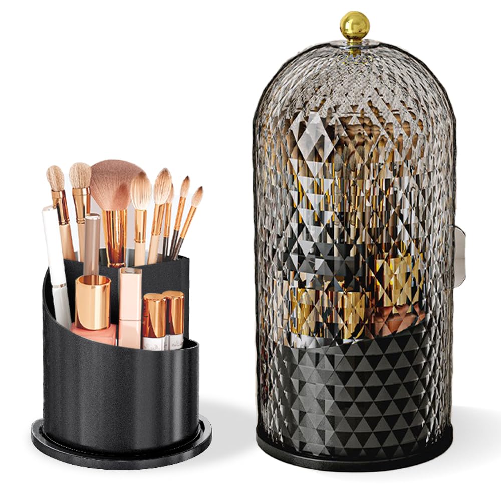 Photo 1 of JIANGLAI Makeup Brush Holder with Lid, 360 Rotating Multifunction Clear Dustproof Skincare Cosmetic Tools Storage Organizer for Vanity Desktop Bathroom Countertop (Black)