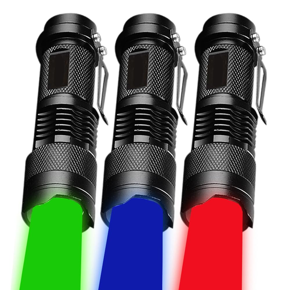 MVIOCS 3-Pack Upgraded RGB LED Flashlight, Zoomable, Waterproof Torch for Detector, Aviation, Astronomy, Night Vision
