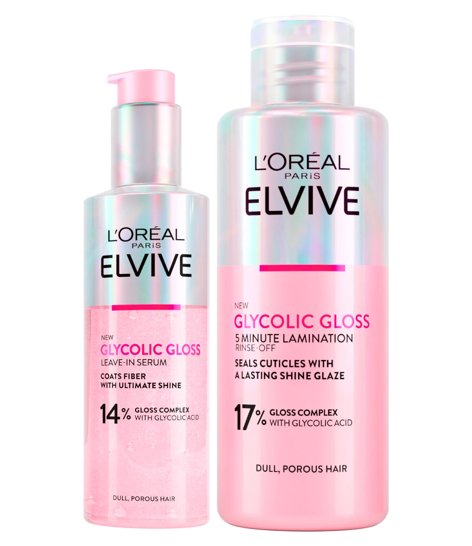 L'OrΓ©al Paris Elvive Glycolic Gloss Glycolic Acid Hair Set with Leave-In Serum for Porous and Dull Hair Intense and Long-Lasting Shine 150ml + 5-Minute Lamination Treatment 200ml - 2 Bottles
