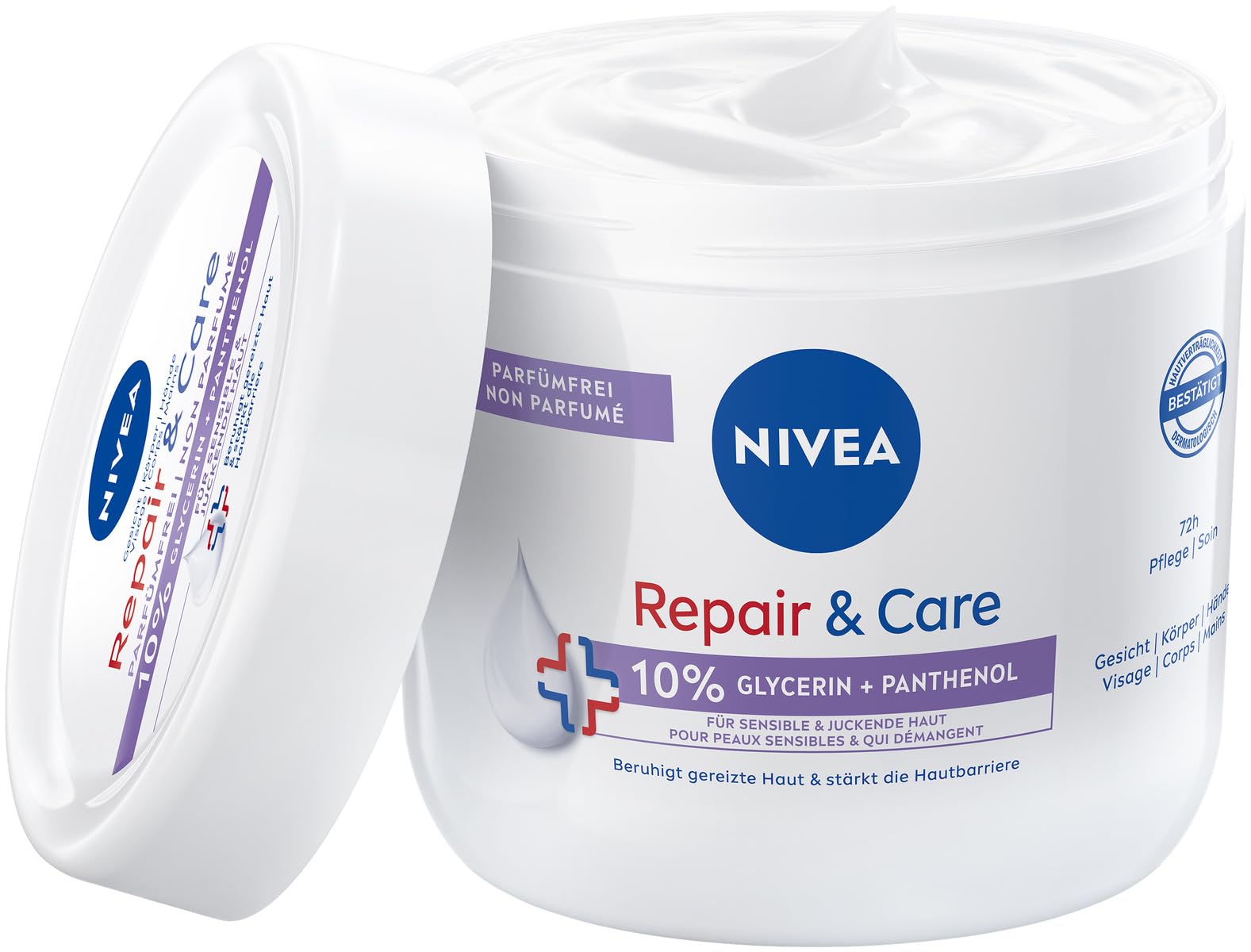 NIVEA Repair & Care Creme parfümfrei (400ml), Feuchtigkeits-Körpercreme, schnell einziehende Lotion mit Glycerin, Provitamin B5 & Ceramiden für trockene, sensible Haut