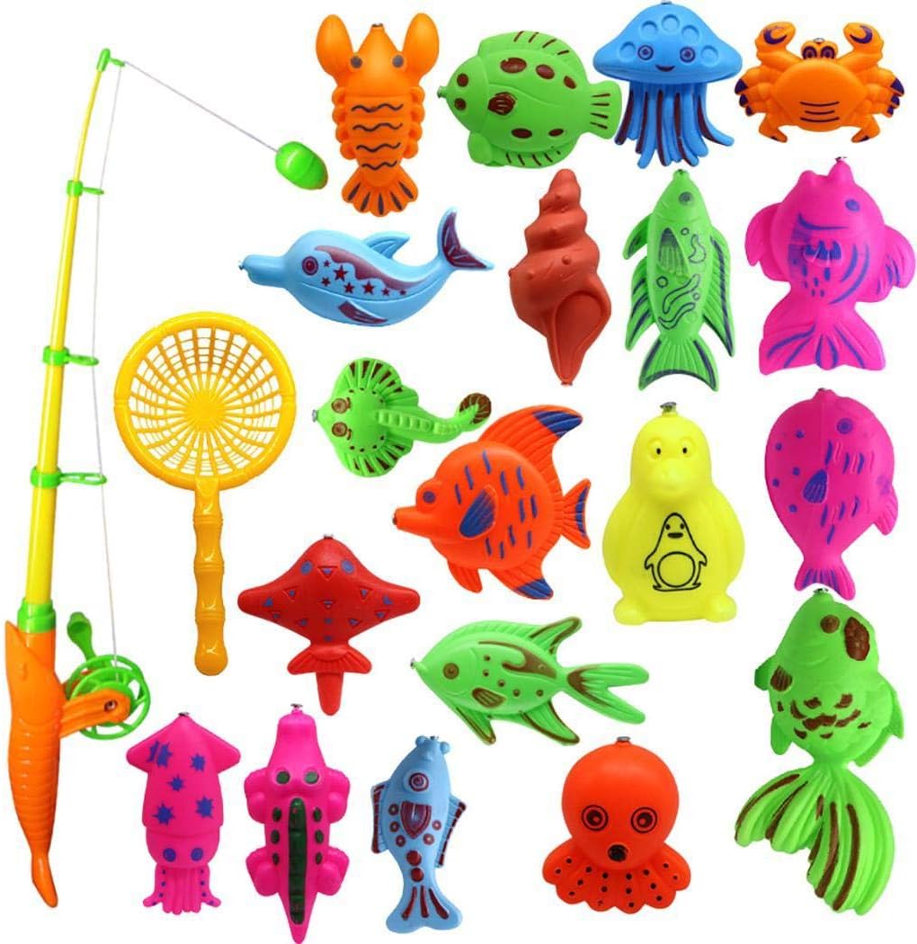 22 Pcs Magnetic Fishing Toys Game Set for Kids Bathtime Pool Party with Pole Rod Net, Plastic Floating Fish - Toddler Education Teaching and Learning Colors Ocean Sea Animals 3 year olds