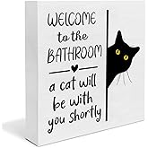 Funny Cat Bathroom Decor – “Welcome to the Bathroom, a Cat Will Be With You Shortly” – Cute Black Cat Humor Restroom Decor for Guest & Half Bathrooms (White-01)
