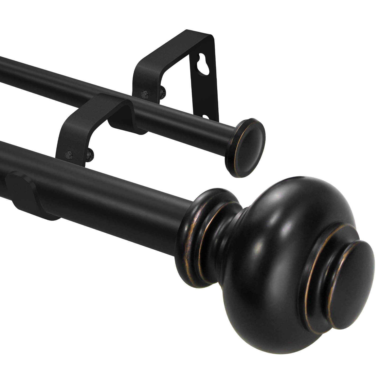 Photo 1 of 1 Inch Black Double Curtain Rod Set - Tension rods for windows 28 to 48 inchs with Round Finials -BHSRODS Home Double Window Rods for Living Room & Bedroom