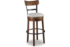 Signature Design by Ashley Valebeck | 30″ Farmhouse Pub-Height Swivel Barstool With Back – Upholstered Cushion, Nailhead Trim, Metal & Wood Frame, Brown