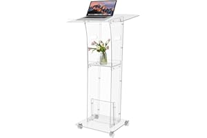 KSacry Acrylic Clear Podium Stand with Wheels,Plexiglass Pulpits for Churches,Conference,Speeches,Weddings,Classroom,Professional Presentation Podiums (23.6" L X 17.7" W X 49" H, Transparent)